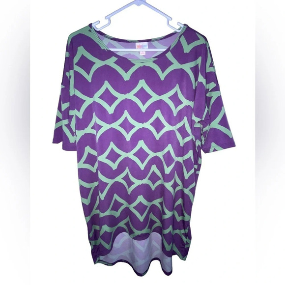 LuLaRoe Purple Green Printed Irma Top Short Sleeve High Low Casual Size Small - Picture 5 of 5